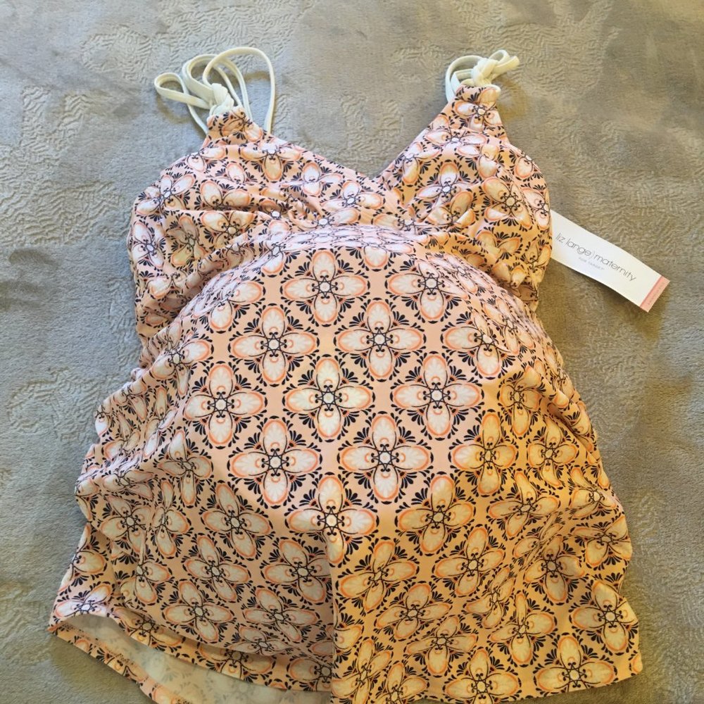 NWT Liz Lange Maternity white with orange and black flowers tankini Size S